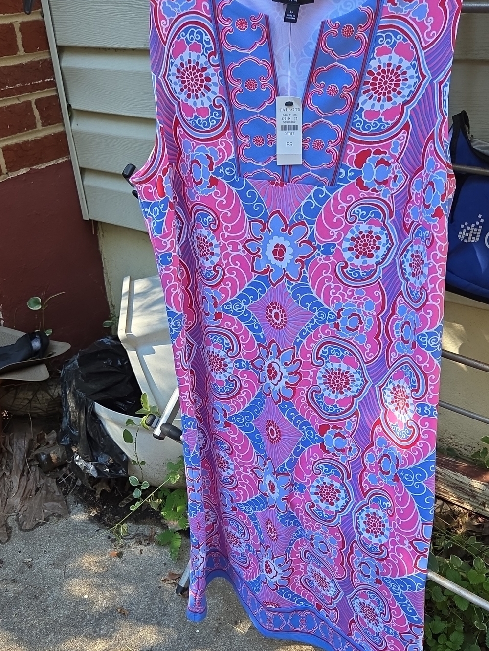 Talbots Pink & Blue Sleeveless V-Neck Patterned Dress